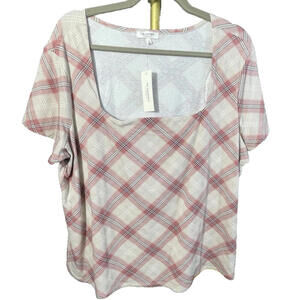 NWT No Comment Plus Sz 3X Pink Plaid Short Sleeve Knit Top
